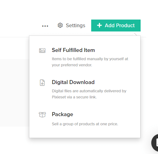 Add Product button of Pixieset