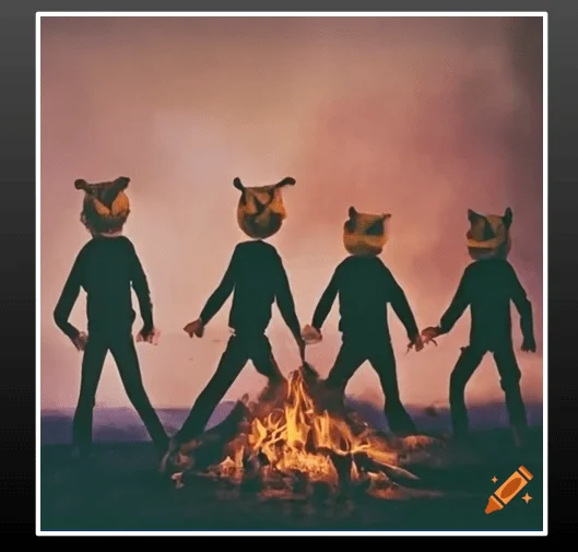 Group of Pumpkin Heads Having a Bonfire