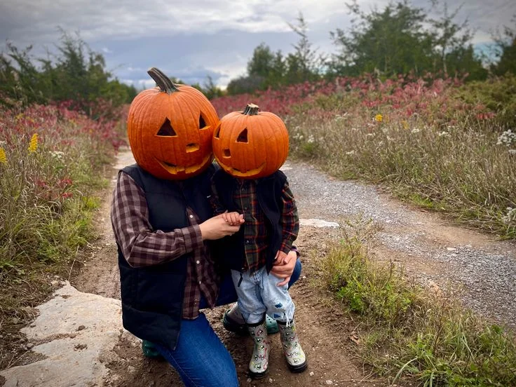 Pumpkin Head Photoshoot Mom and Son