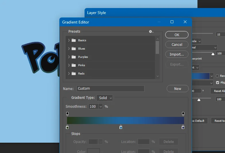 Gradient Editor, Pokemon Text Effects in Photoshop