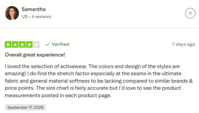 Customer testimonial for Adanola highlighting opinions on product quality, fit, comfort, and overall brand experience.