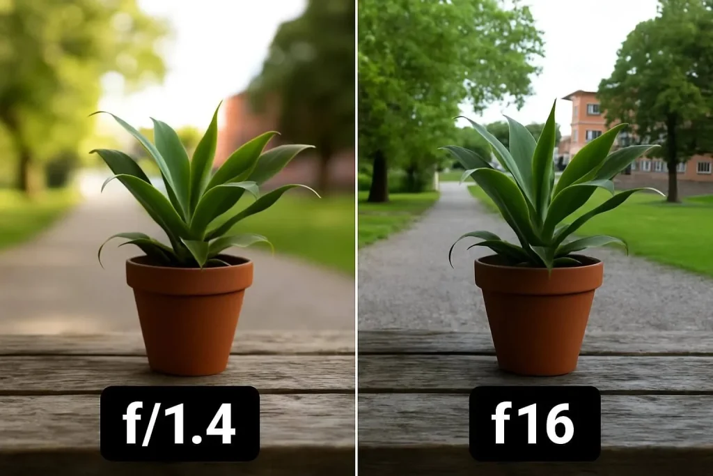 Graphic comparing how different aperture sizes affect exposure, showing wider apertures letting in more light.