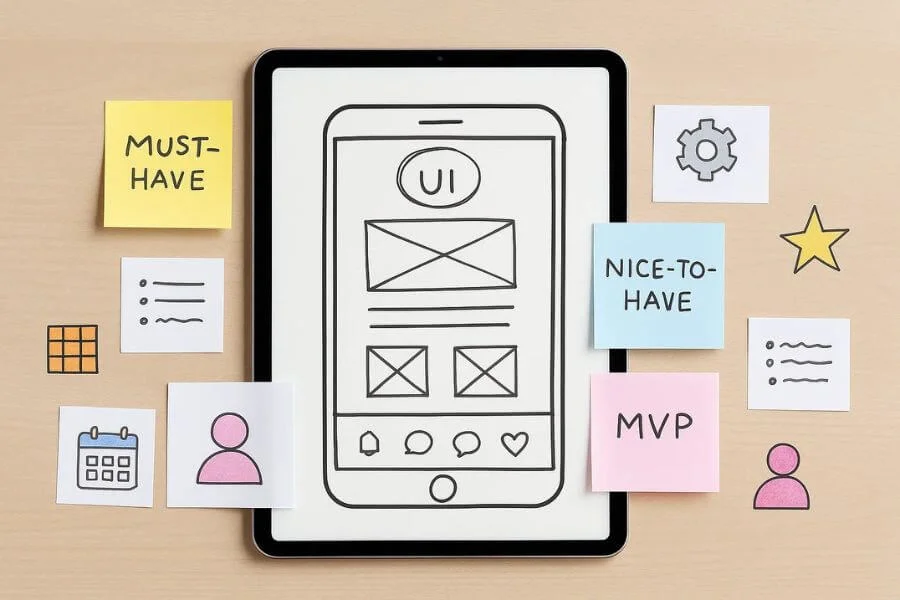 Graphic illustrating app feature planning, outlining core features, user needs, and prioritization for the development process.