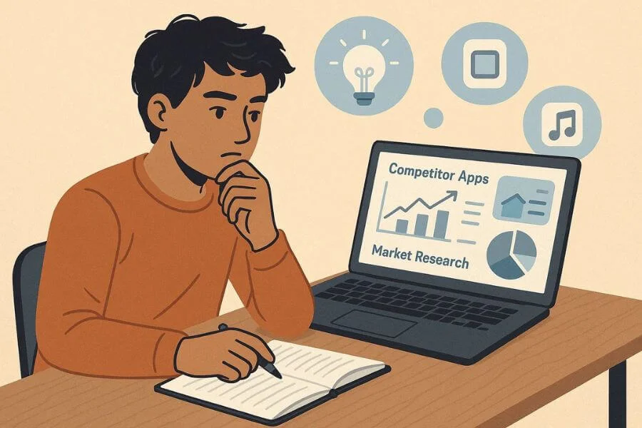 Illustration showing app idea market research steps, including audience analysis, competitor study, and market demand evaluation