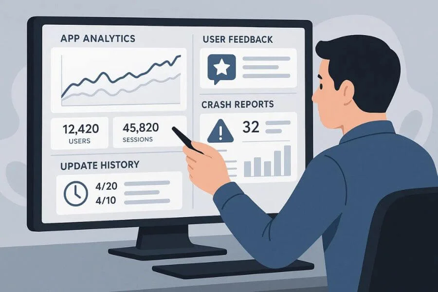 Illustration showing app performance monitoring tools tracking speed, crashes, user behavior, and real-time app health metrics.
