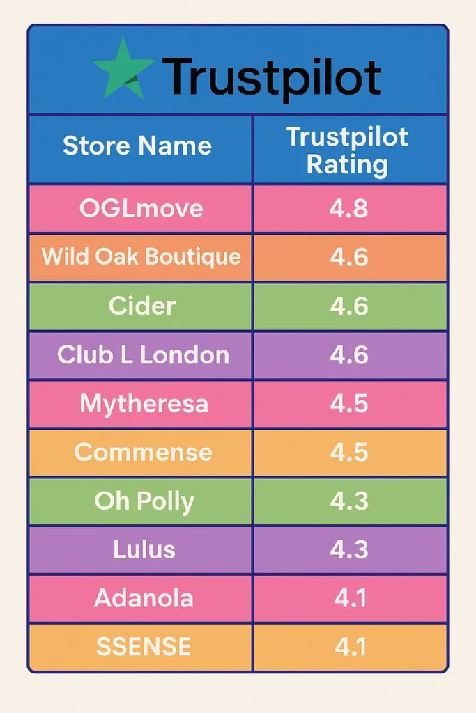 Graphic highlighting the best online clothing stores in 2025 based on Trustpilot reviews, featuring top-rated fashion brands