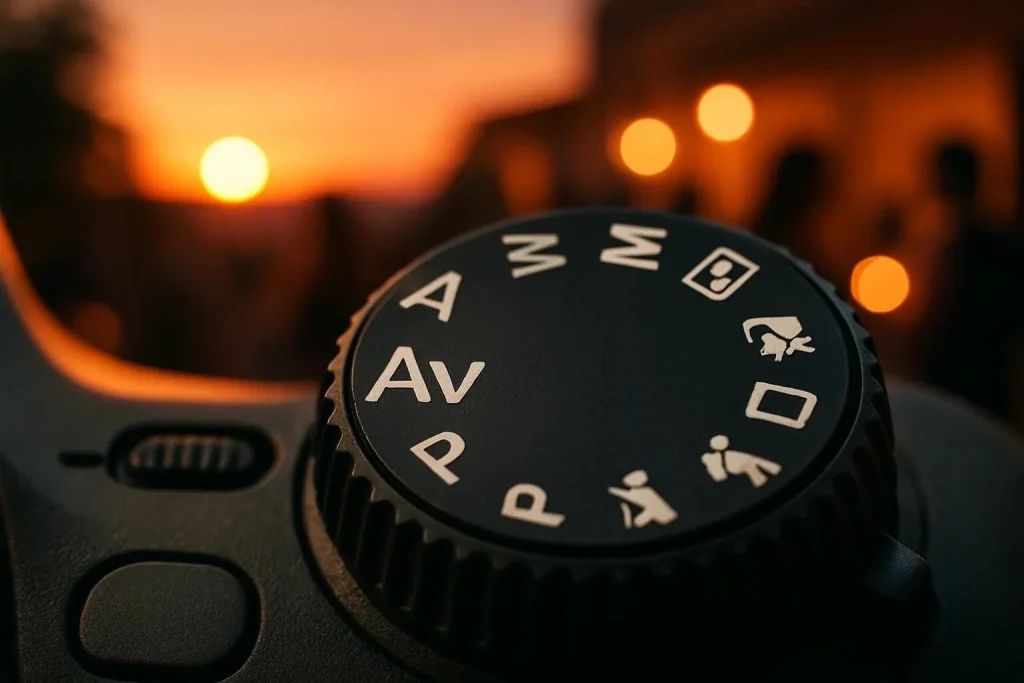 Camera mode dial highlighting Aperture Priority (A/Av), indicating the setting used to control aperture manually