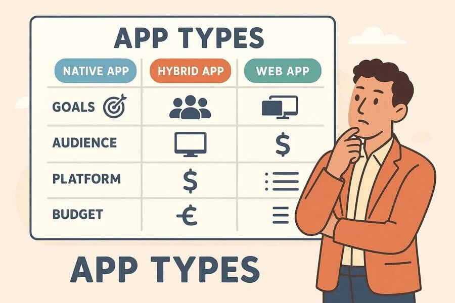 Graphic showing factors for choosing the right mobile app, including features, platform compatibility, user needs, and business goals.