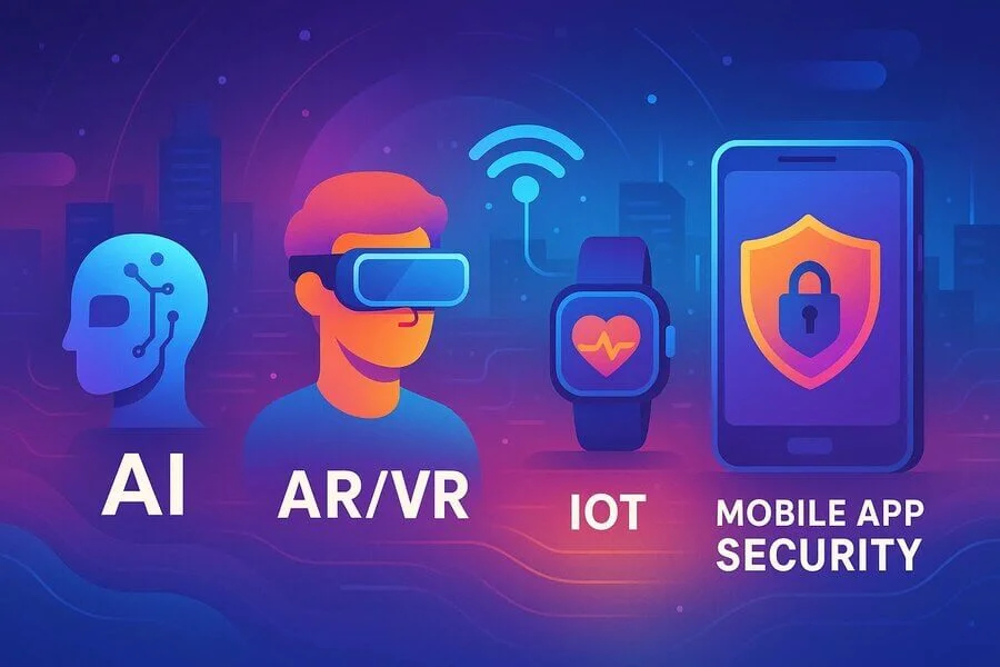 Illustration showing future trends in mobile apps, including AI integration, AR/VR experiences, 5G advancements, and personalized user experiences