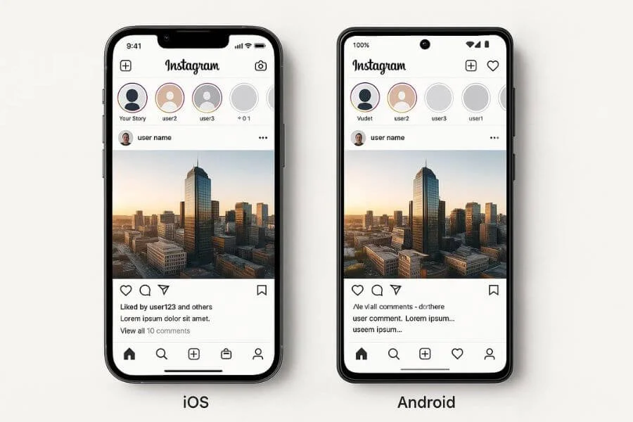 Image showing the Instagram native app running on iPhone and Android devices, highlighting platform-specific interface elements.