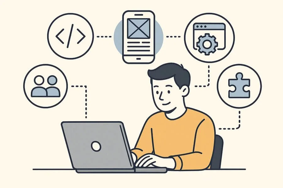 Graphic showing essential mobile app developer skills, including programming, UI/UX design, problem-solving, and platform knowledge.