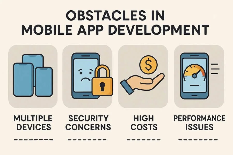 Illustration showing common mobile app development challenges, including performance issues, security risks, and platform compatibility.