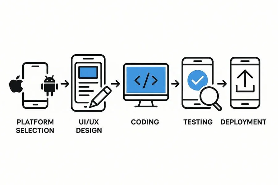 Diagram outlining key mobile app development steps, from planning and design to coding, testing, and deployment