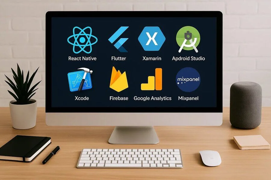 Graphic showing popular mobile app development tools, including frameworks, IDEs, testing tools, and cross-platform technologies