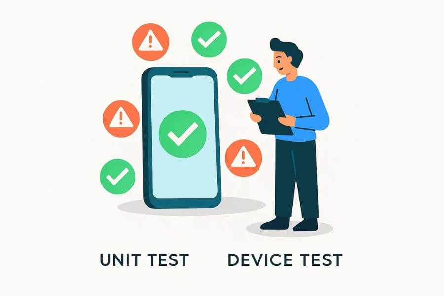 Illustration showing mobile app testing and QA processes, including bug detection, performance checks, and quality assurance workflows