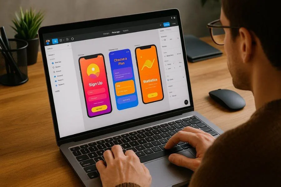 Illustration of mobile app UI/UX design principles, highlighting layout, usability, visual hierarchy, and user-centered design elements.