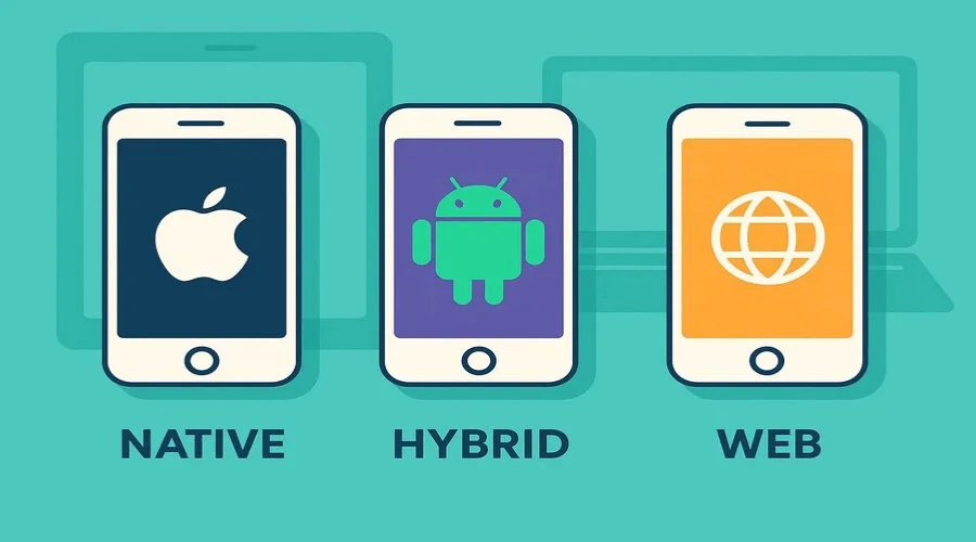 Illustration comparing native, hybrid, and web apps, highlighting differences in performance, development approach, and platform compatibility.