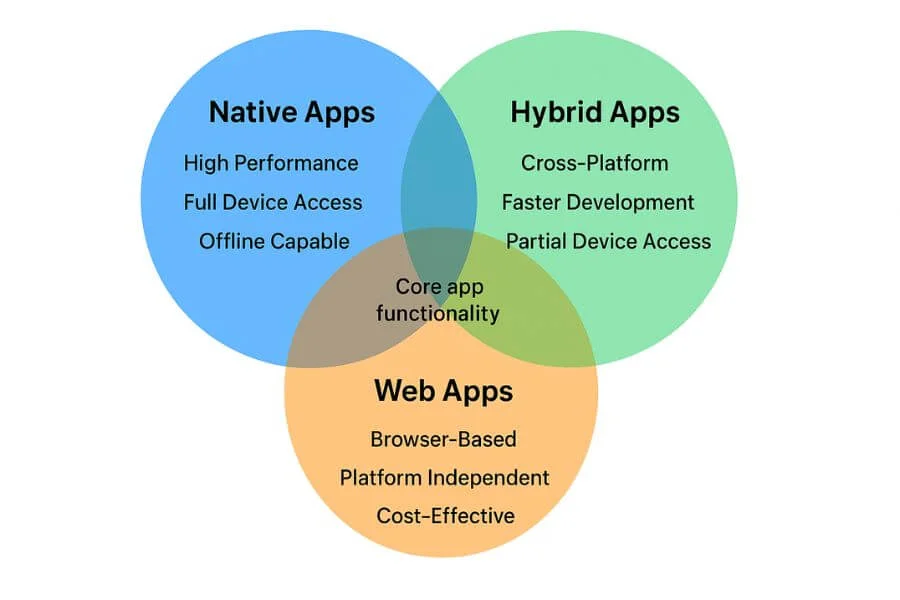 Venn diagram comparing native, hybrid, and web apps, showing shared features and key differences in performance and development approach.