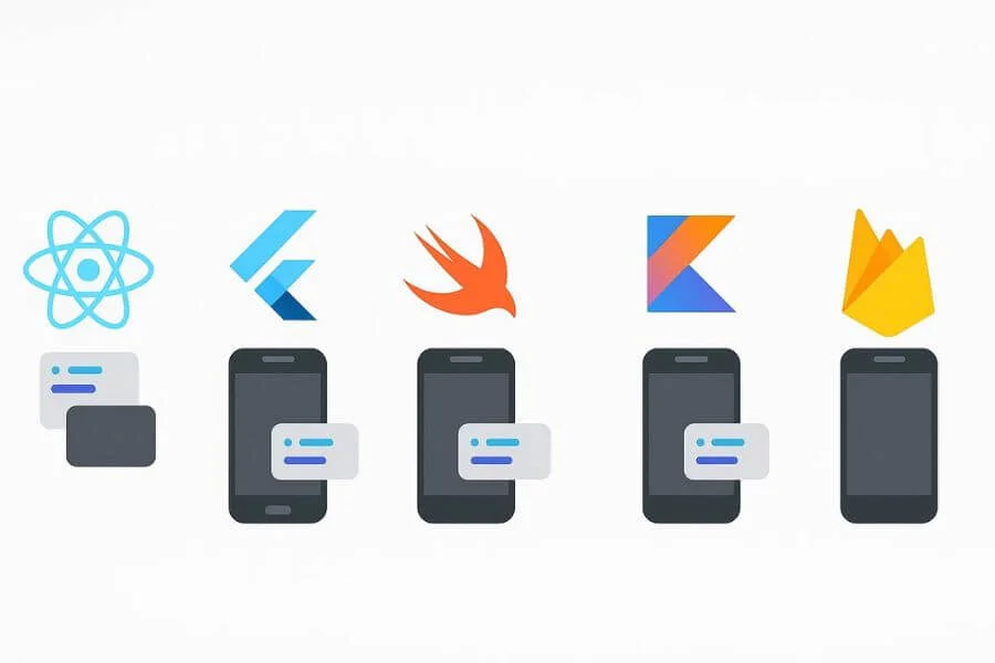 Diagram showing the tech stack for mobile app development, including frontend frameworks, backend technologies, and database tools.