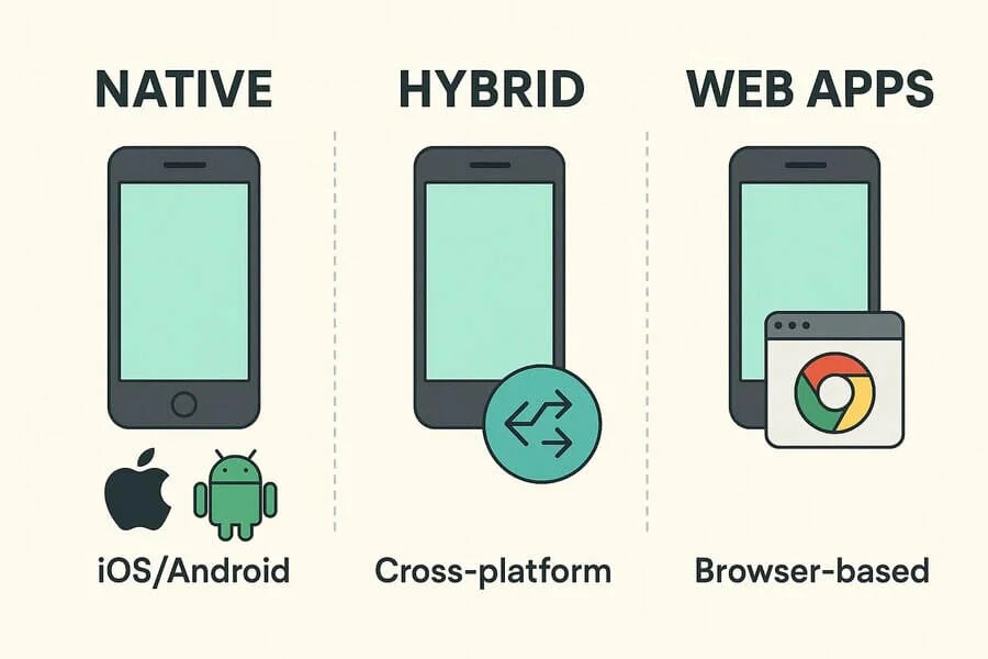 Illustration showing different types of mobile apps, including native, hybrid, and web apps, categorized by features and platforms.
