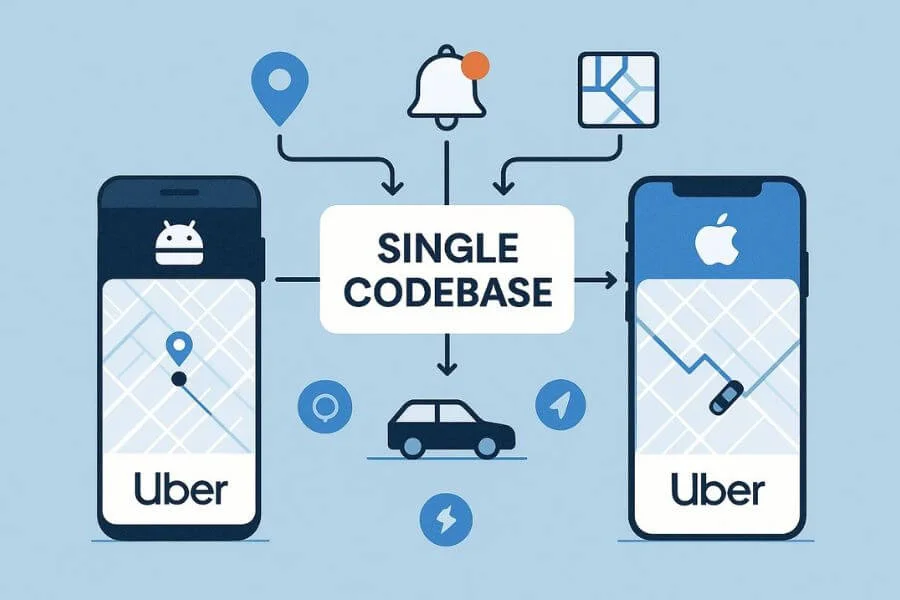 Illustration showing Uber as a hybrid app running cross-platform, highlighting shared codebase and consistent experience on iOS and Android