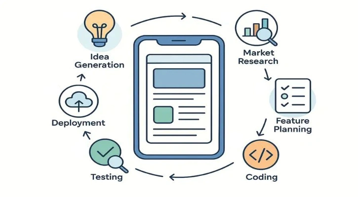 Mobile app development process flowchart from planning to deployment