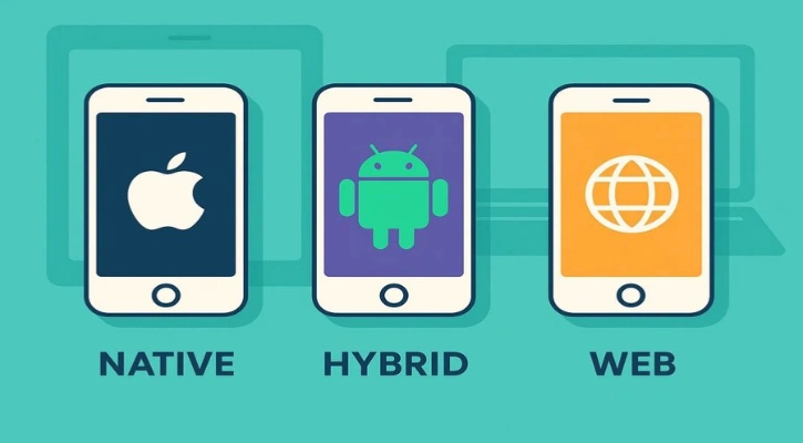 Illustration comparing native, hybrid, and web application development types